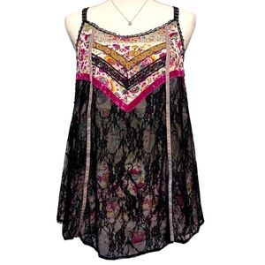 Ivy Jane Bohemian Top with Black Lace over Floral Print Chiffon Size M